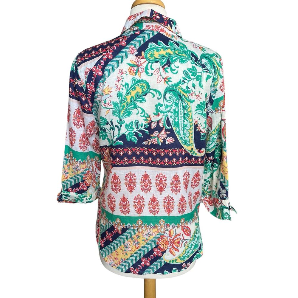 Chico's Linen Mixed Print Shirt No Iron Floral Paisley 3/4 Sleeves Boho Casual 1 - Picture 3 of 11